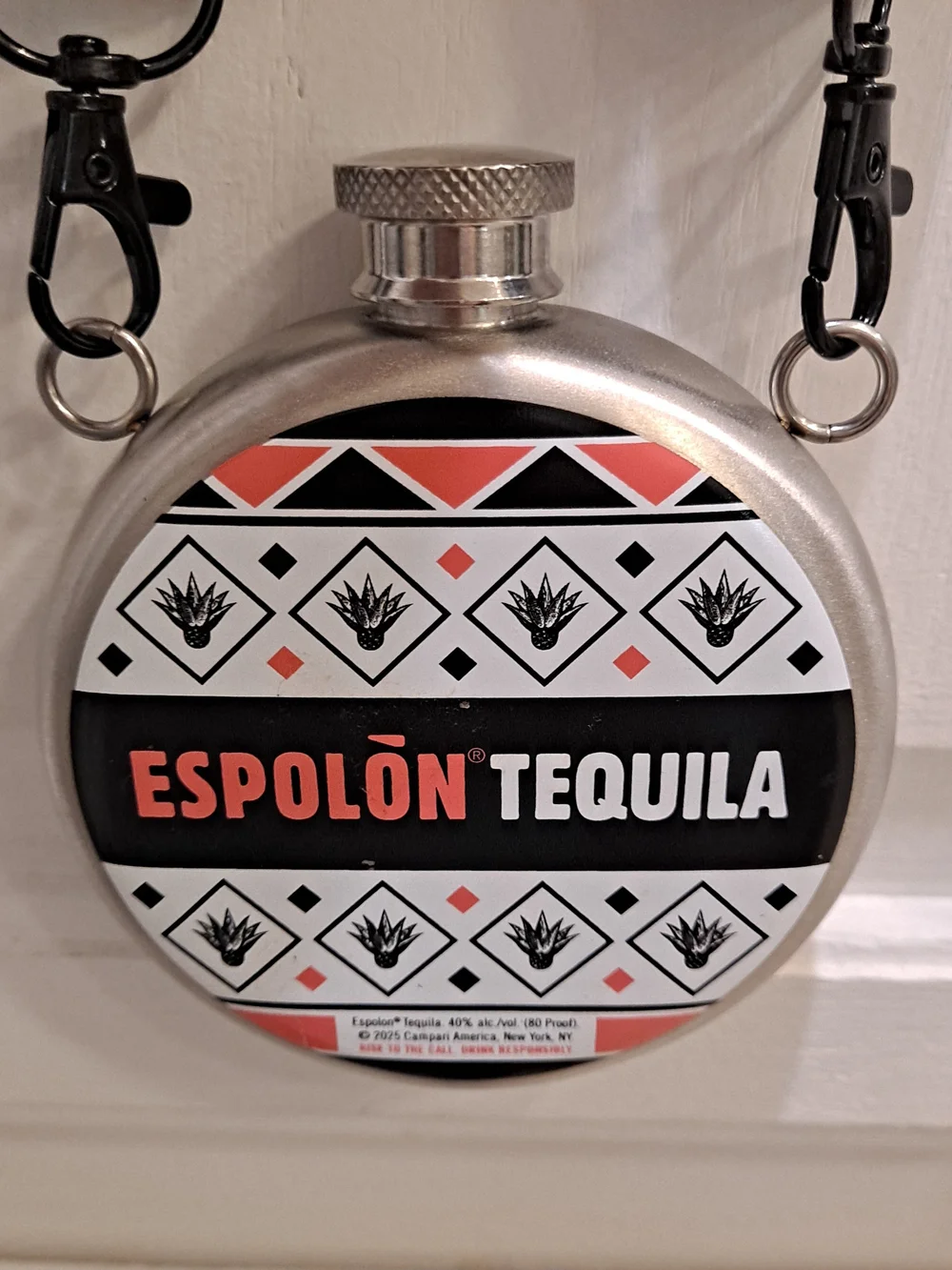 Espolon Stainless Steel Silver Hip Flask Black White & Coral Artwork Festival